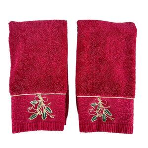 Set Of 2 Red Terrycloth Fingertip Towels With Holly Embroidery & Gold Detail 12"